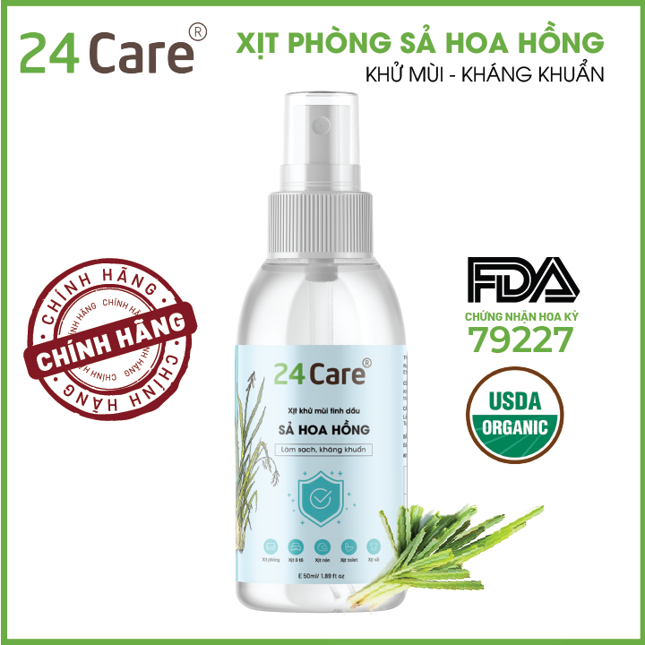 Tinh dầu xịt phòng Sả Hoa Hồng 24Care nguồn gốc thiên nhiên, đuổi muỗi, thơm phòng - [KHÁNG KHUẨN