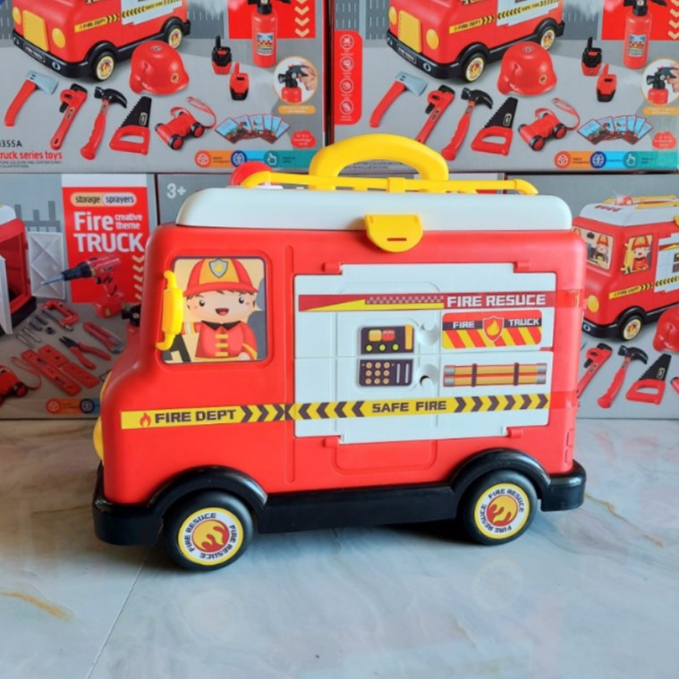 Xe cứu hỏa đồ chơi ô tô cho bé có nhạc đèn kèm dụng cụ 22 chi tiết có mũ, quà tặng sinh nhật cho bé