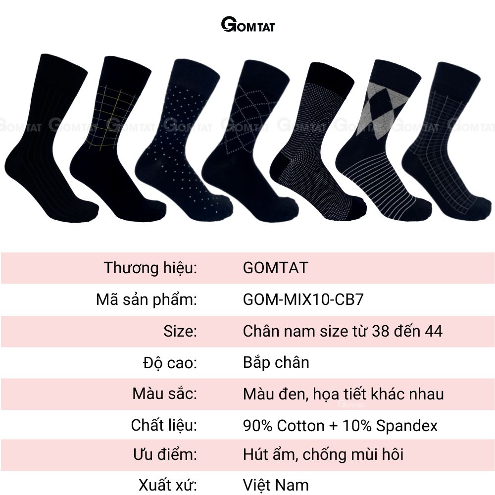 Hộp 7 đôi tất đi giày tây nam công sở cổ cao màu đen GOMTAT mẫu MIX10, sợi cotton cao cấp thoáng khí - GOM-MIX10-CB7