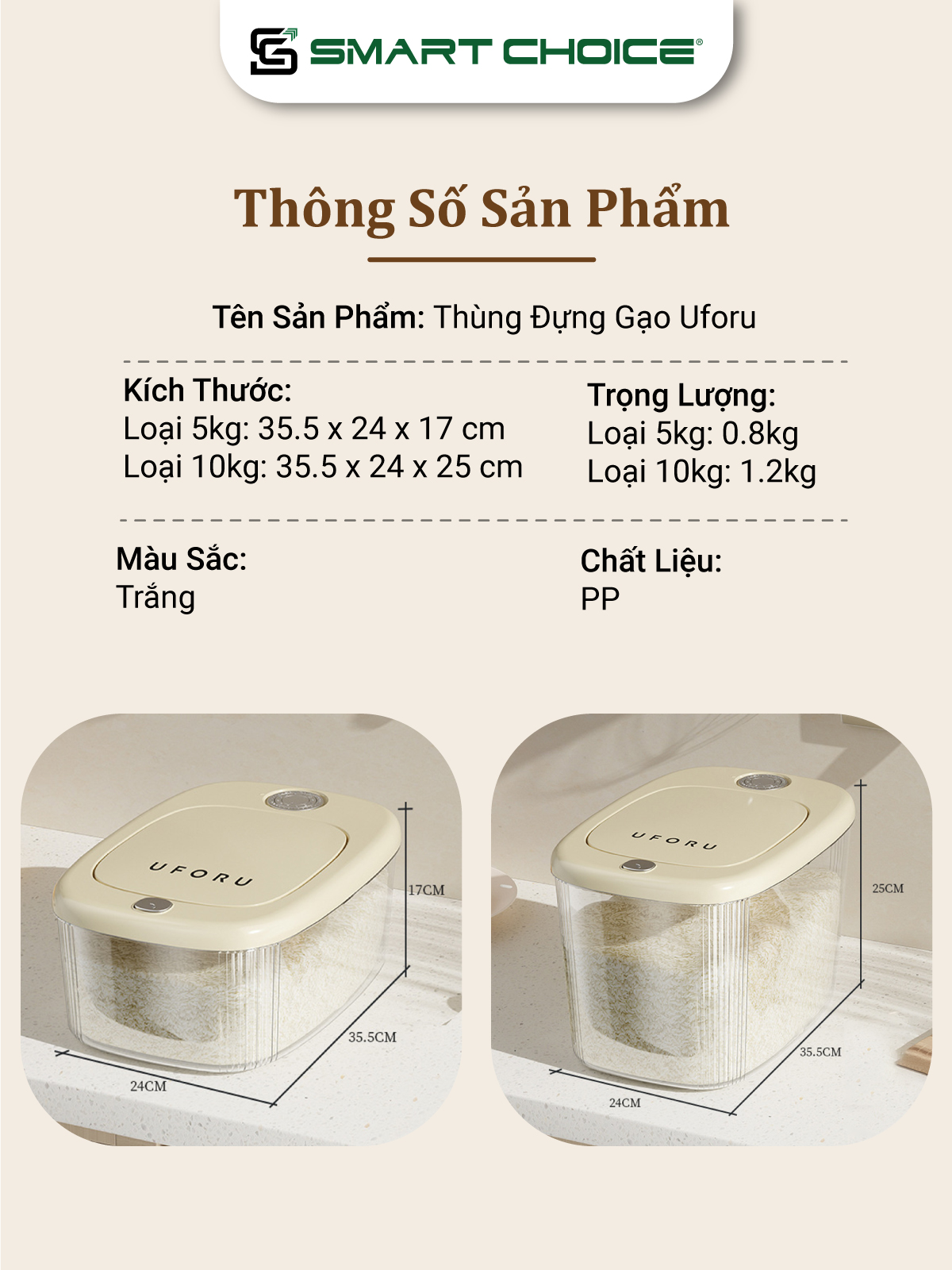 Thùng Đựng Gạo Uforu SMARTCHOICE Chất Liệu PP Cao Cấp Màu Trắng SCG-PK103