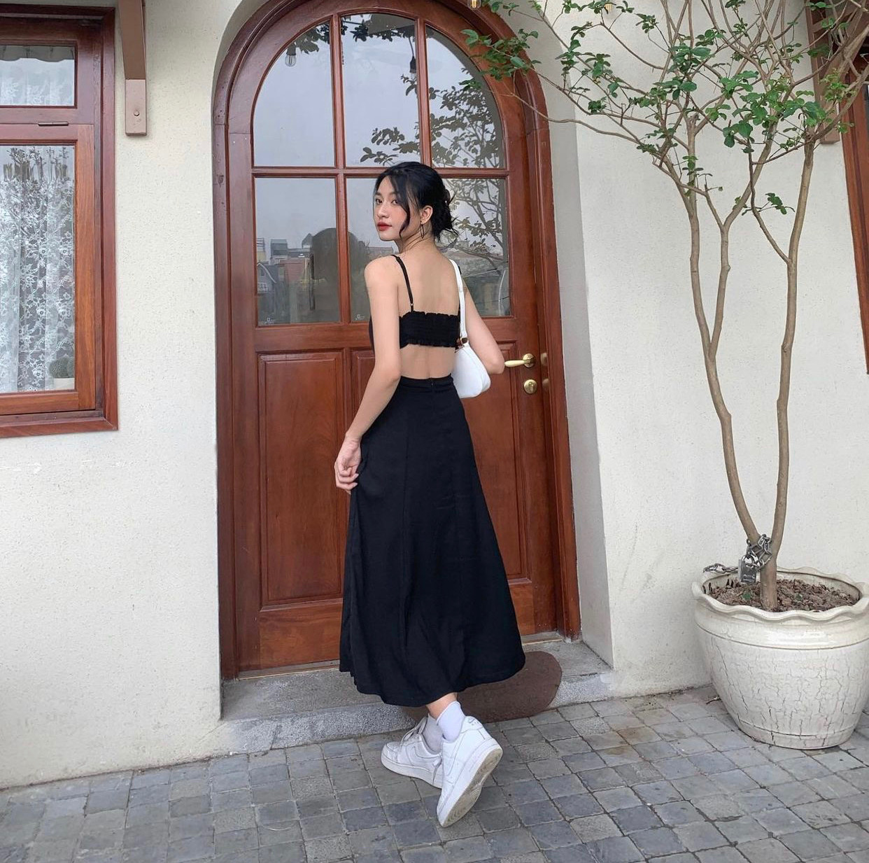 Váy maxi đen thun lưng