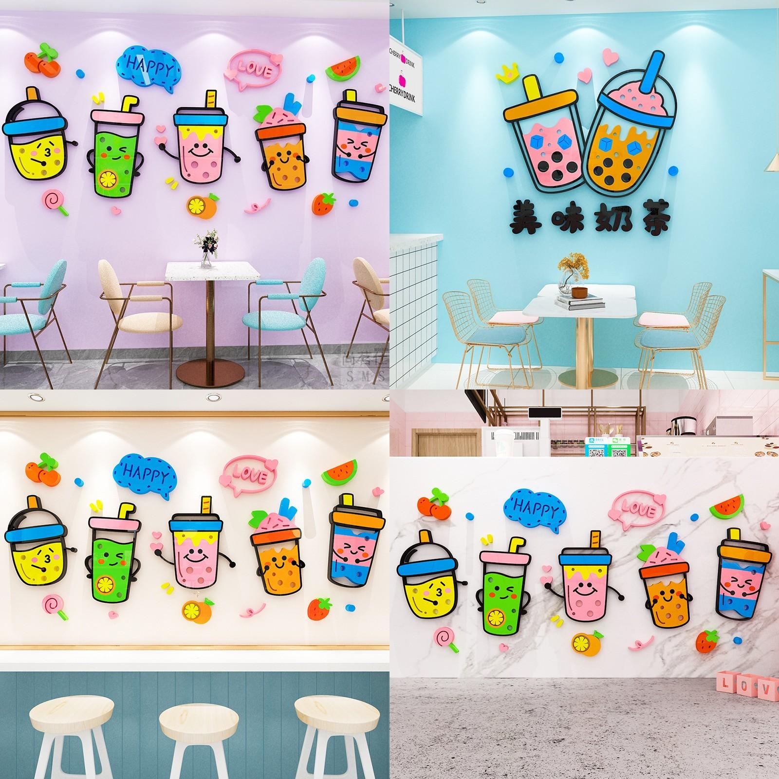 Tranh mica dán tường - love trà sữa, happy milk tea trang trí cửa hàng trà sữa, trà tranh, quán nước