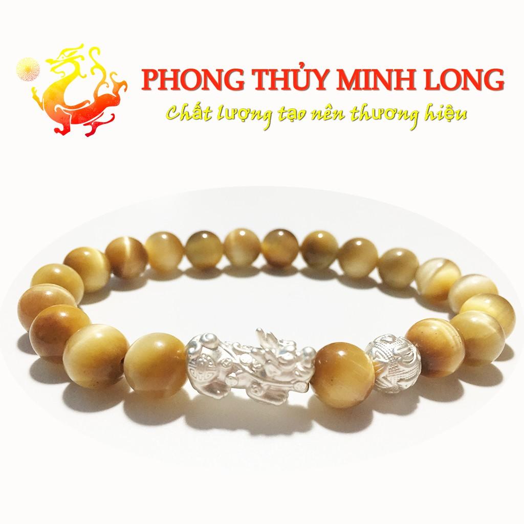 Vòng tay đá Mắt Hổ Vàng Tâm chất lượng 5A mix tỳ hưu và 1 hạt kim tiền bạc hợp mệnh Thổ và mệnh Kim