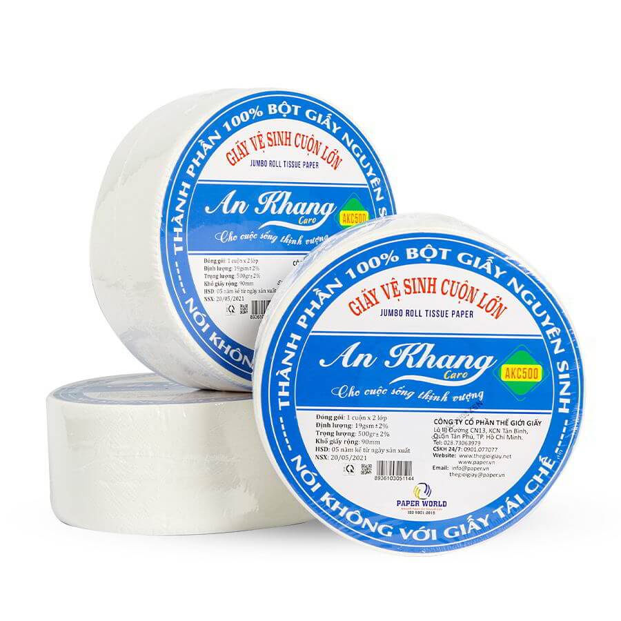 Combo 3 cuộn giấy giấy vệ sinh cuộn lớn 2 lớp 500g AN KHANG CARO  | 100% Bột giấy nguyên sinh