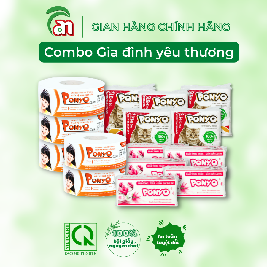 Combo PONYO gia đình yêu thương: 5 Giấy vệ sinh cuộn lớn, 5 gói Khăn giấy ăn và 5 gói Khăn giấy lau tay