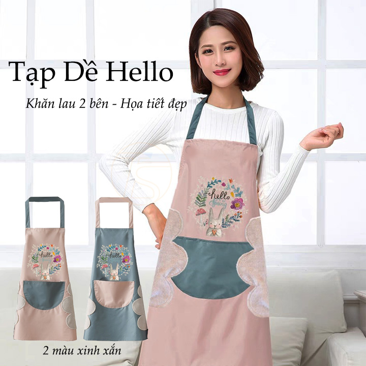 Tạp Dề Họa Tiết Vòng Hoa & Con Thỏ Có Khăn Lau Tay 2 Bên Và Túi Đựng Dễ Thương