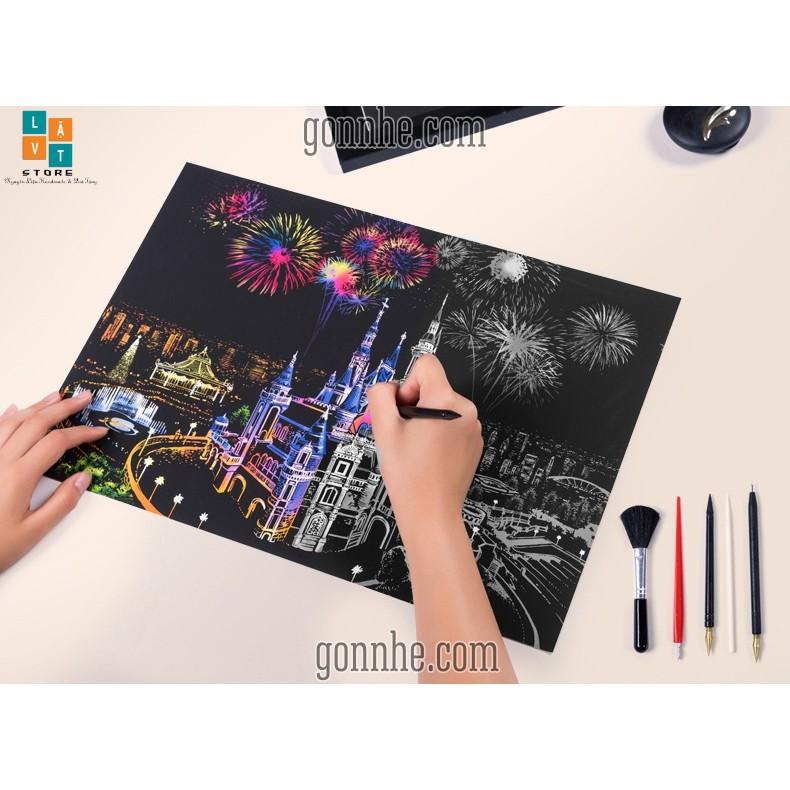 Tranh Cạo A3 - Color Night Scene Scratch II Tự làm tranh theo tường phong cách Hàn Quốc - Màn Đêm Màu Sắc