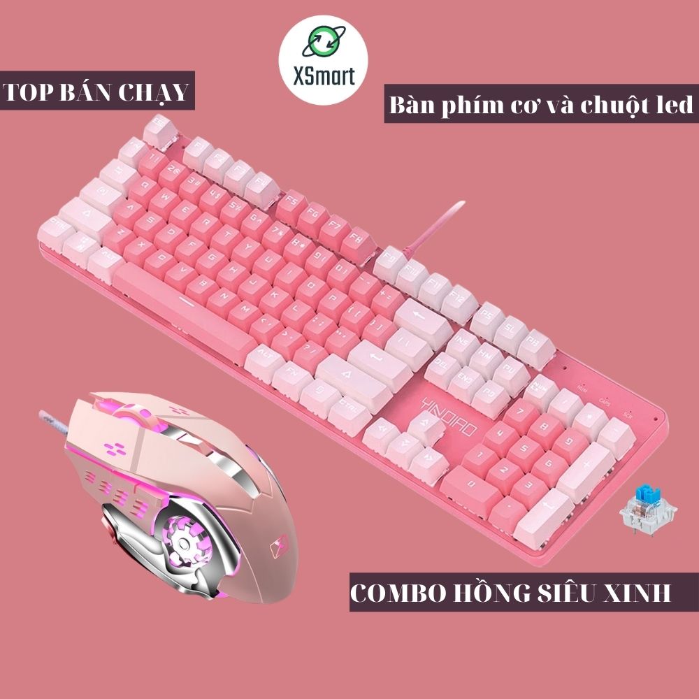 Bộ bàn phím CƠ kèm chuột XSmart màu Hồng cực Xinh chơi game làm văn phòng cực đã combo T900 trắng hồng +X500 có LED - Hàng Chính Hãng