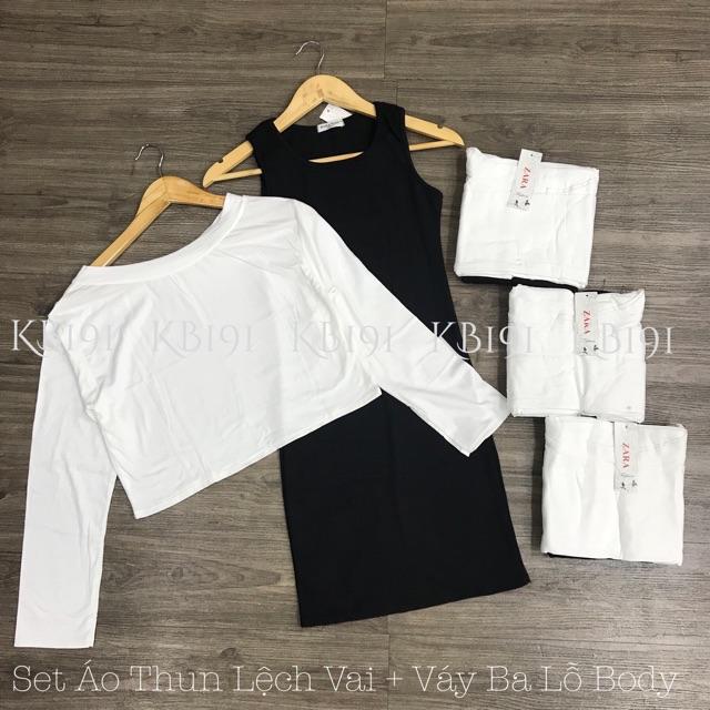Set Áo Croptop Lệch Vai + Váy Ba Lỗ Body