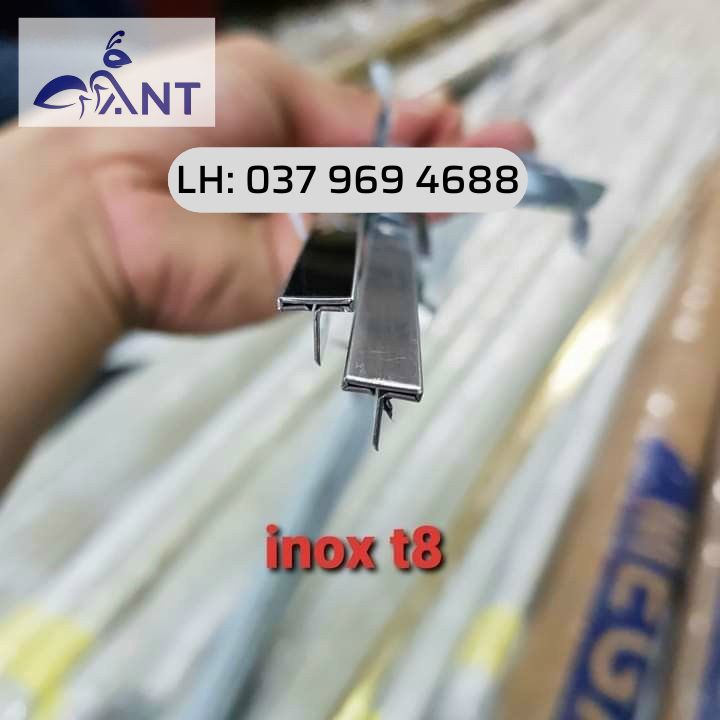 Nẹp inox t8mm, trắng gương, trắng xước, bào chấn vuông cạnh, dày 0.8 li, giá bán theo thanh