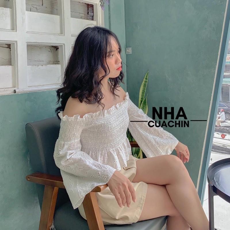 Áo trễ vai ren trắng