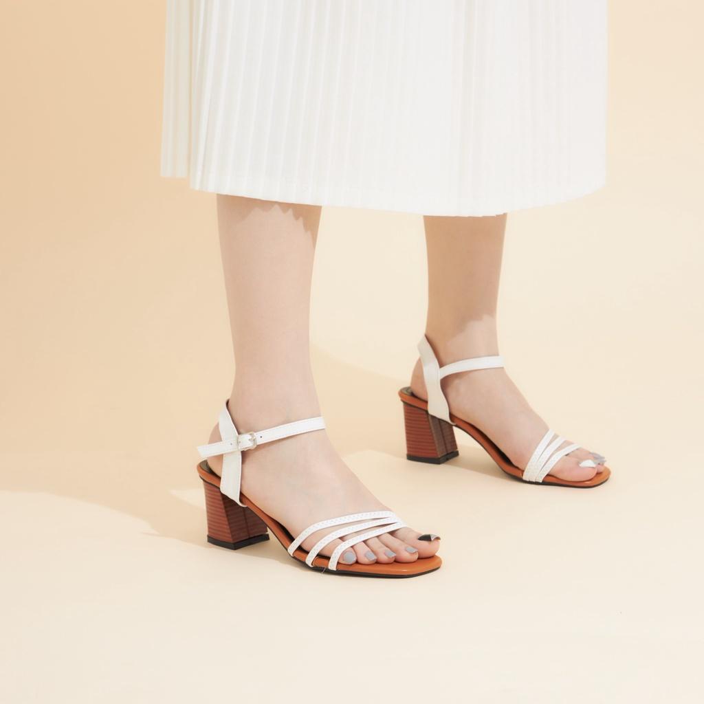 Giày Cao Gót MWC 4382 - Giày Sandal Cao Gót 5P Quai Ngang Mảnh Viền Chỉ Phối Quai Hậu Gót Vuông Vân Gỗ 5cm Thời Trang