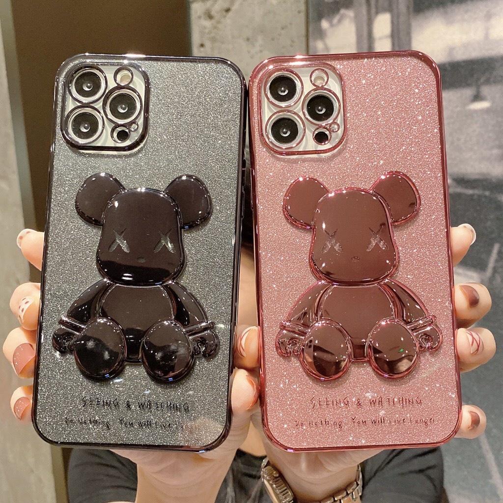 Ốp điện thoại mềm mạ nổi 6D hình gấu nhũ lấp lánh cho 7 plus 8 plus xs max 11 pro max