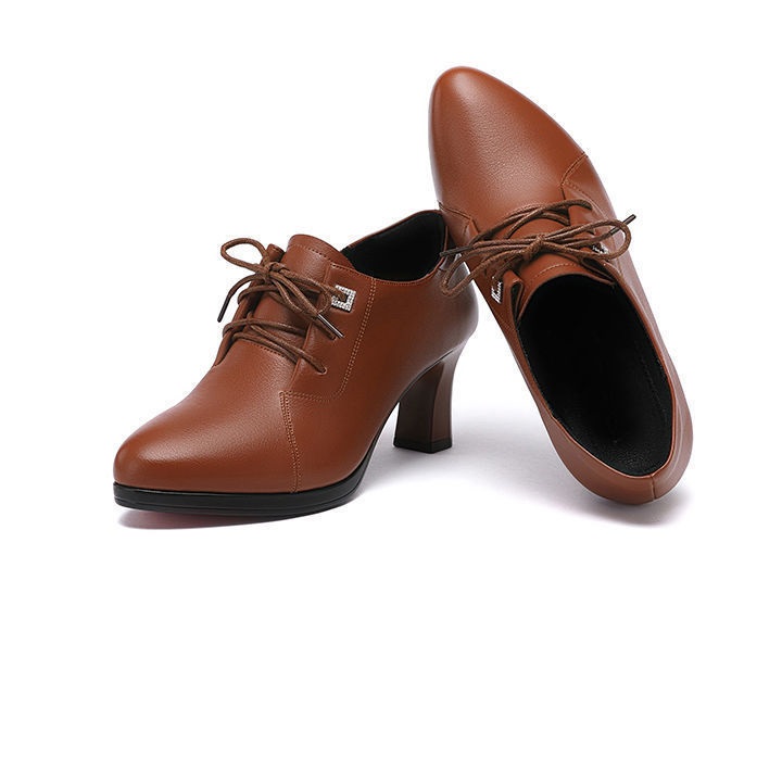 Giày oxford đế vuông 7 phân mũi nhọn khoen cẩn đá da mềm cột dây phong cách retro S020