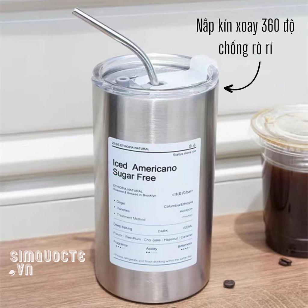Ly giữ nhiệt Iced Americano inox 304 cao cấp không gỉ Cốc uống nước giữ nhiệt dung tích 600ml kèm ống hút tiện lợi