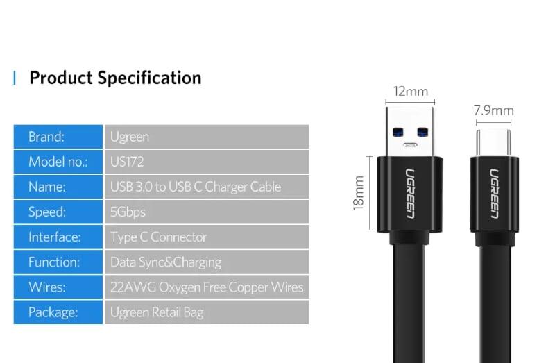 Ugreen UG30627US172TK 0.5M màu Đen Cáp USB TypeC sang USB 3.0 cáp tròn - HÀNG CHÍNH HÃNG