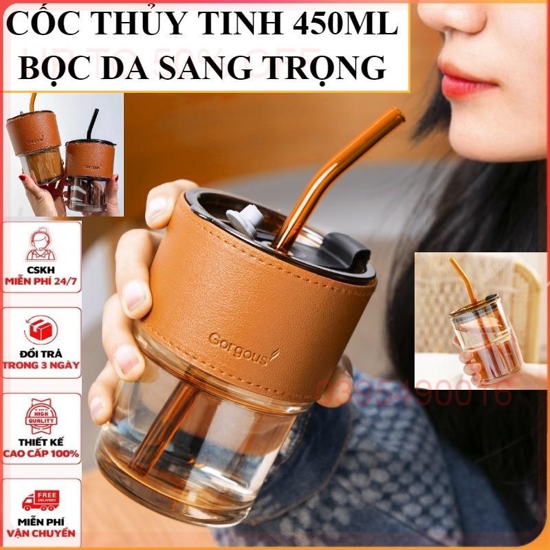 Cốc thủy tinh hổ phách GorGous bọc da 450ml sang chảnh chống bỏng có nắp kín cao cấp thời trang Qimato