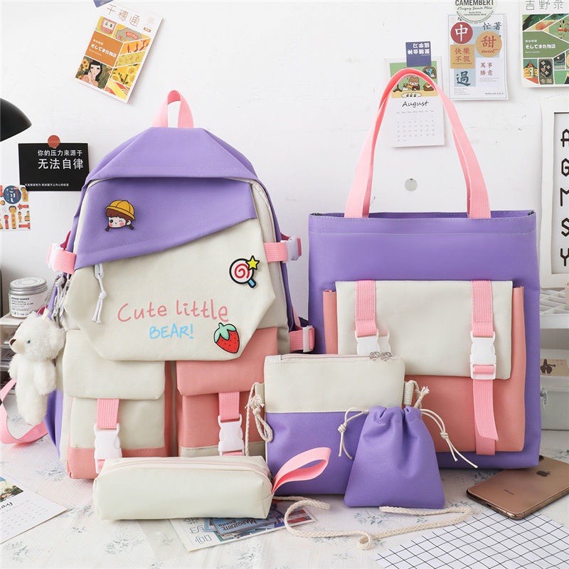 Set balo 4 món, Bao Thời Trang, Balo Chống Thấm Nam Nữ - Combo 4 Món Ulzzang Đi Học Cute Liitle