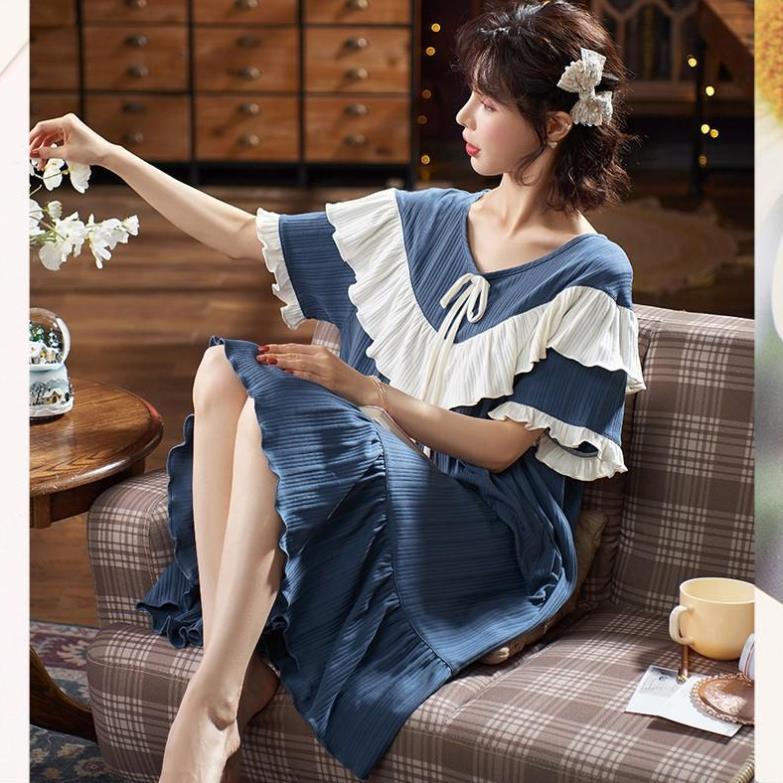 Đầm ngủ tiểu thư dáng suông cổ bèo mềm mát B46 - Váy mặc nhà dễ thương