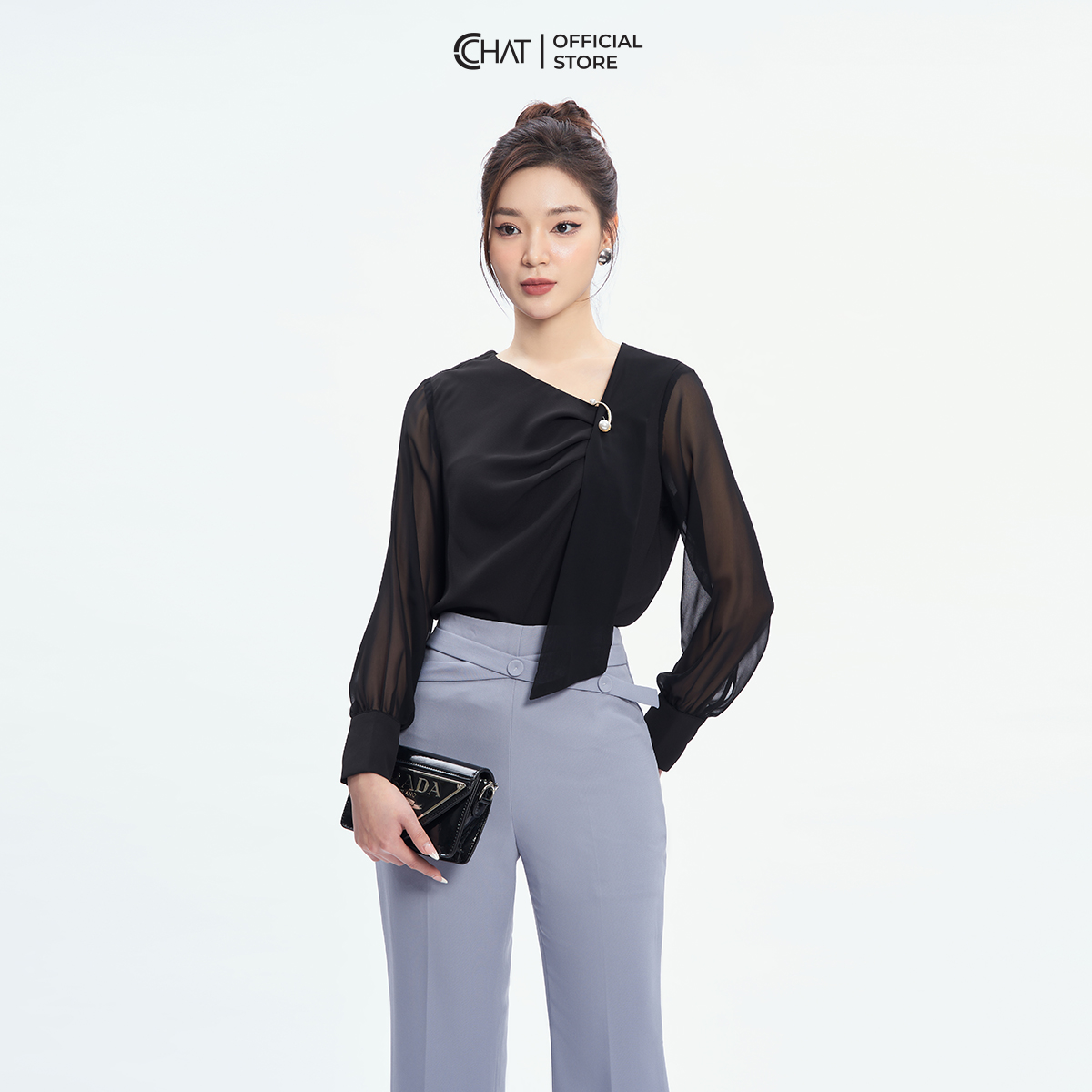 Áo Kiểu Nữ  Phối Tà Ly Trước Chất Liệu Chiffon Cao Cấp 53ADH8008ST