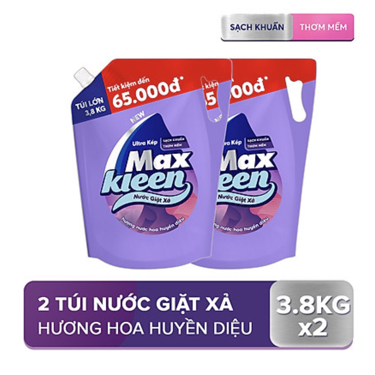 Combo 2 túi nước giặt xả Maxkleen Hương Huyền Diệu 3.8kg/túi Tặng Voi Bông (Giao màu ngẫu nhiên)