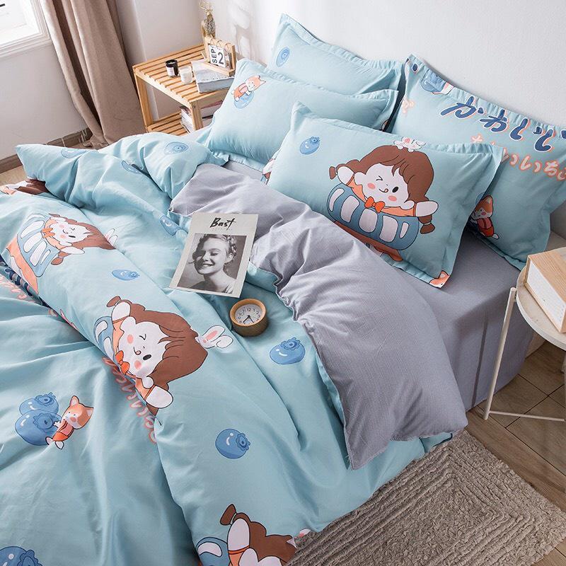Bộ chăn ga gối Cotton poly M2T bedding gồm vỏ chăn mền, drap ga giường và 2 vỏ gối nằm - PL Cô bé nhật