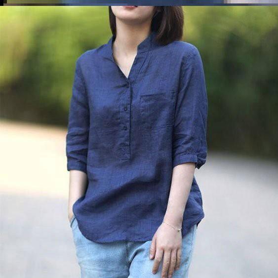 Áo sơ mi cổ trụ tay lỡ dáng xuông thời trang Hàn Quốc