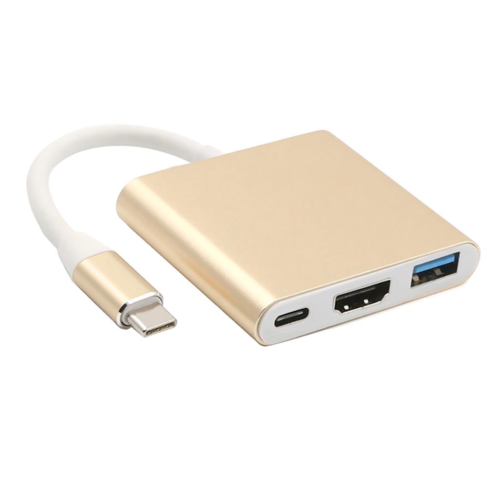 3 in 1 Type C to 4K HD HDMI & USB 3.0 & USB-C Hub Adaptor Converter Gold