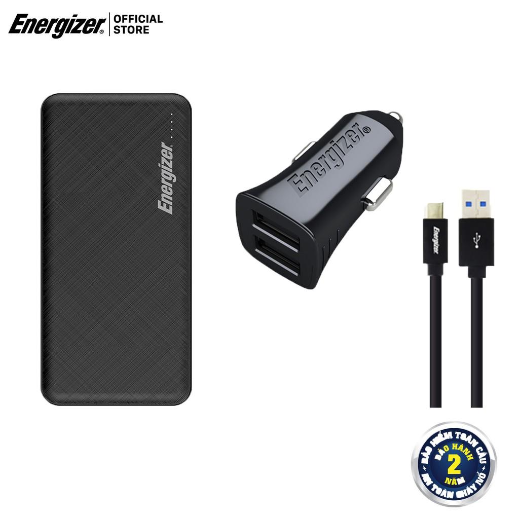 Combo sạc dự phòng Energizer 10,000mAh UE10053 + Sạc ô-tô Energizer 2.4A 2USB màu đen kèm cáp USB-C2.0 - DCA2BHC23 - Hàng chính hãng