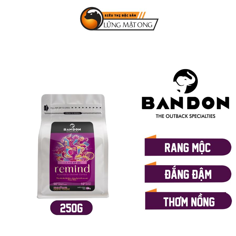 Cà phê phin nguyên chất rang xay mộc sạch BANDON REMIND 250g đắng đậm, thơm mạnh. Cà phê đặc sản (10% Arbica Cầu Đất Full wash, 90% Robusta Buôn Ma Thuột Dry)