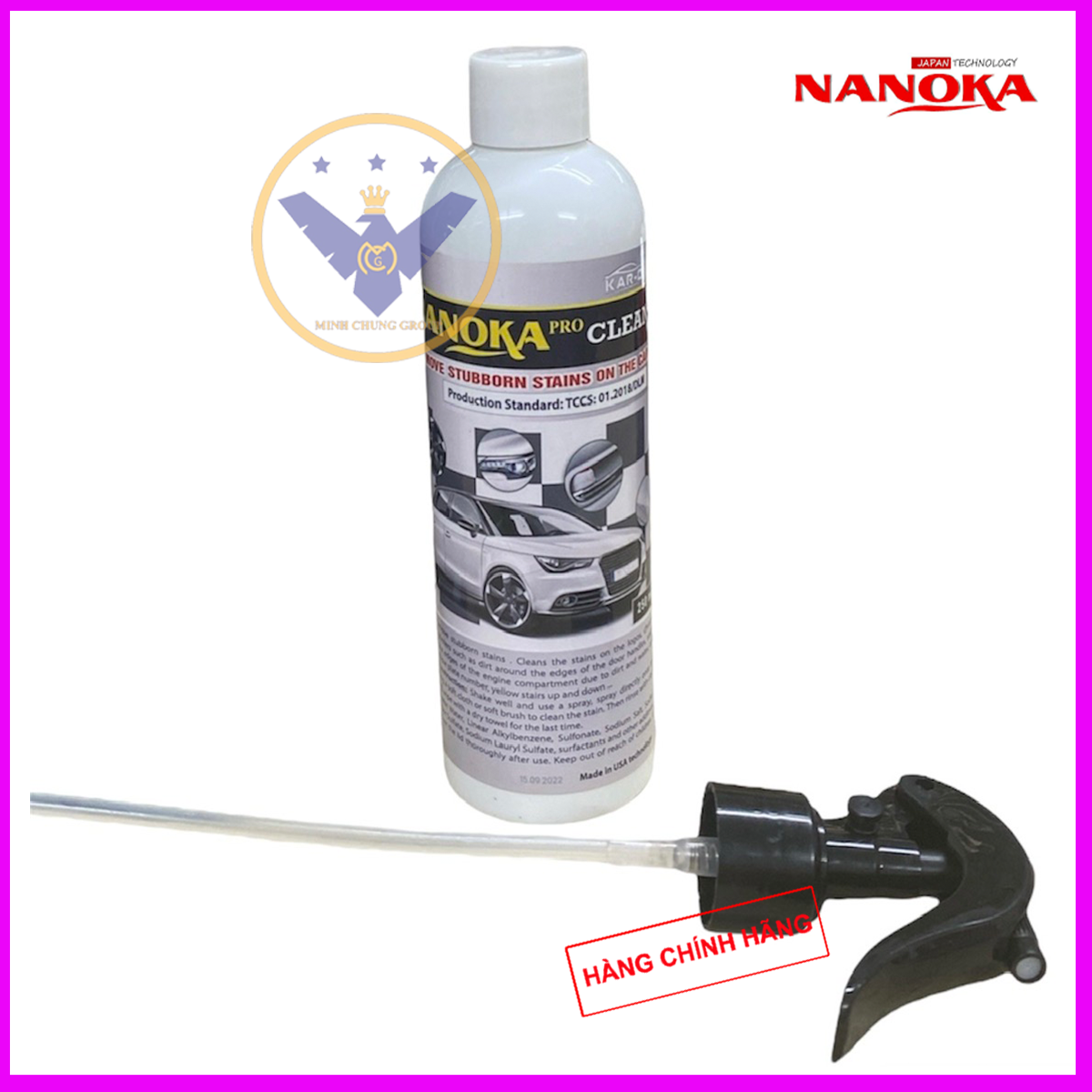 Tẩy ố kính ô tô, ố vàng lazang, logo, nẹp mạ crom Nanoka Clean 250ml