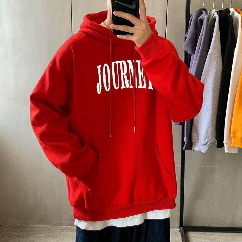 ÁO KHOÁC NỈ HOODIES FORM RỘNG CÓ MŨ HOẠ TIẾT CHỮ JOURNEY MÀU DỎ CỰC ĐẸP , BAO HOT CHO CÁC BẠN TRẺ
