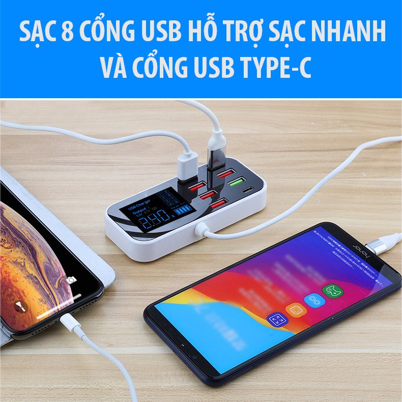 Ổ Cắm Sạc 8 Cổng USB Sạc Type C Hỗ Trợ Sạc Nhanh QC3.0 A9D Cho Ô Tô