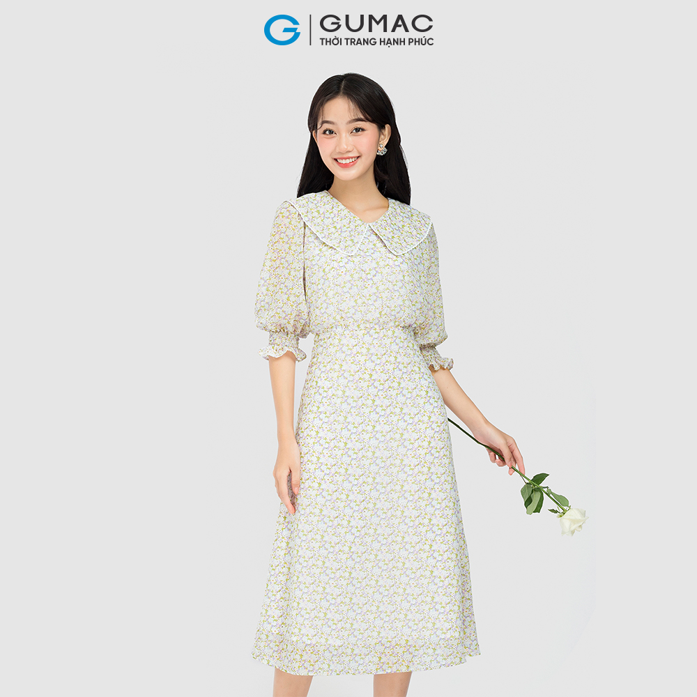 Đầm maxi bâu GUMAC DC08072 viền ren họa tiết hai lớp màu xanh