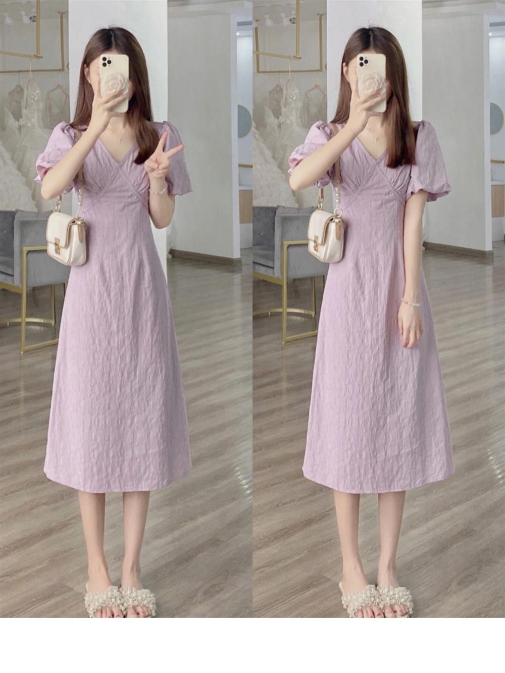DONGSHOP Váy dài cổ chữ V màu trắng dịu dàng kiểu Pháp, váy dài cổ chữ V màu tím, con cái Hạ Độc đáo, thắt lưng, tay áo bong bóng, váy liền áo.