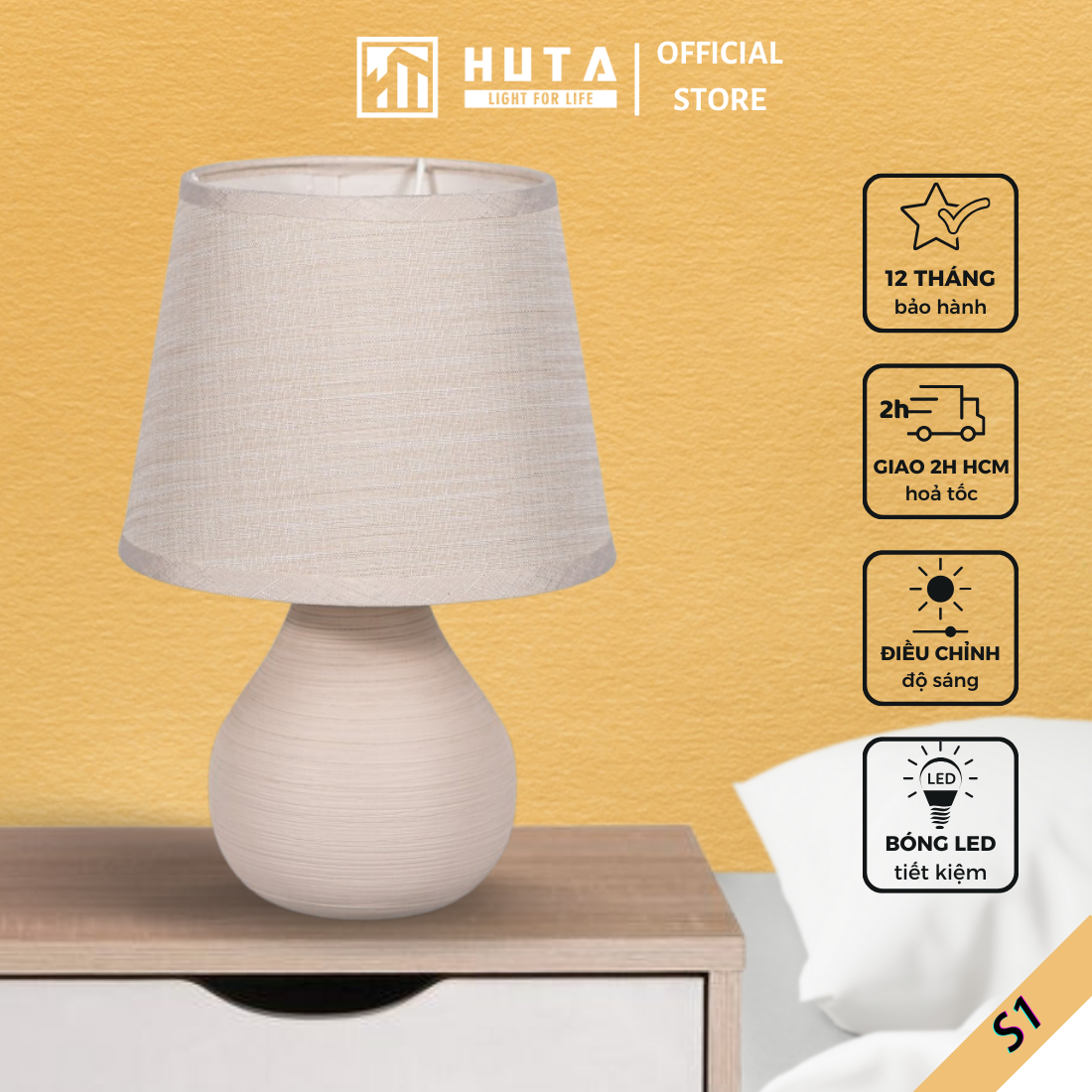 Đèn Ngủ HUTA Light For Life S1 Gốm Sứ Cao Cấp, Decor Phòng Ngủ, Điều Chỉnh Độ Sáng, Đèn Vàng Bóng Led Tiết Kiệm Điện