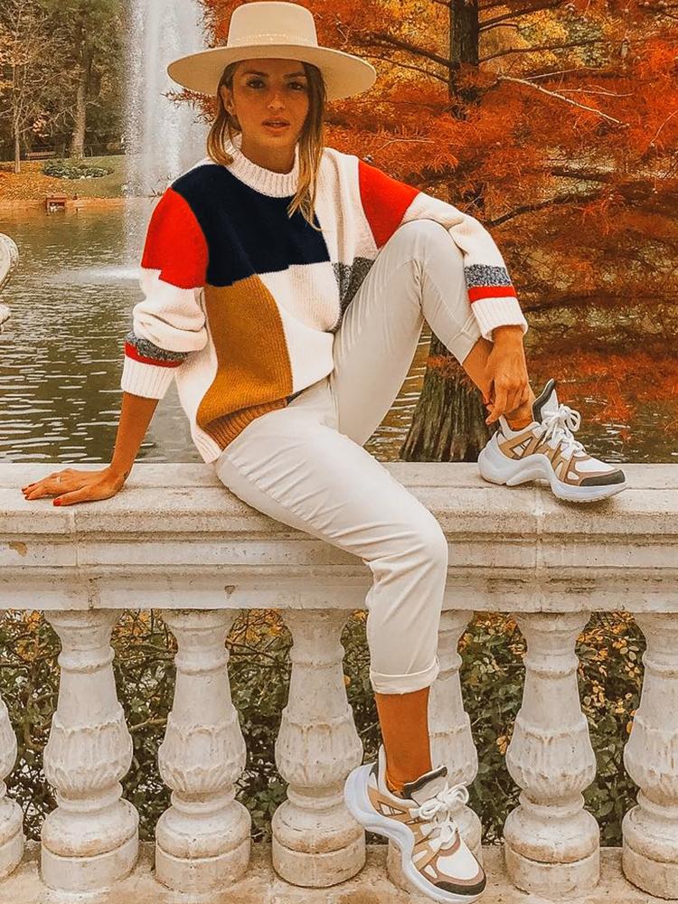 New Winter Women Knitted Sweater Top Multicolor Block O-Neck Long Sleeve Loose Casual Pullover Tee Shirt White