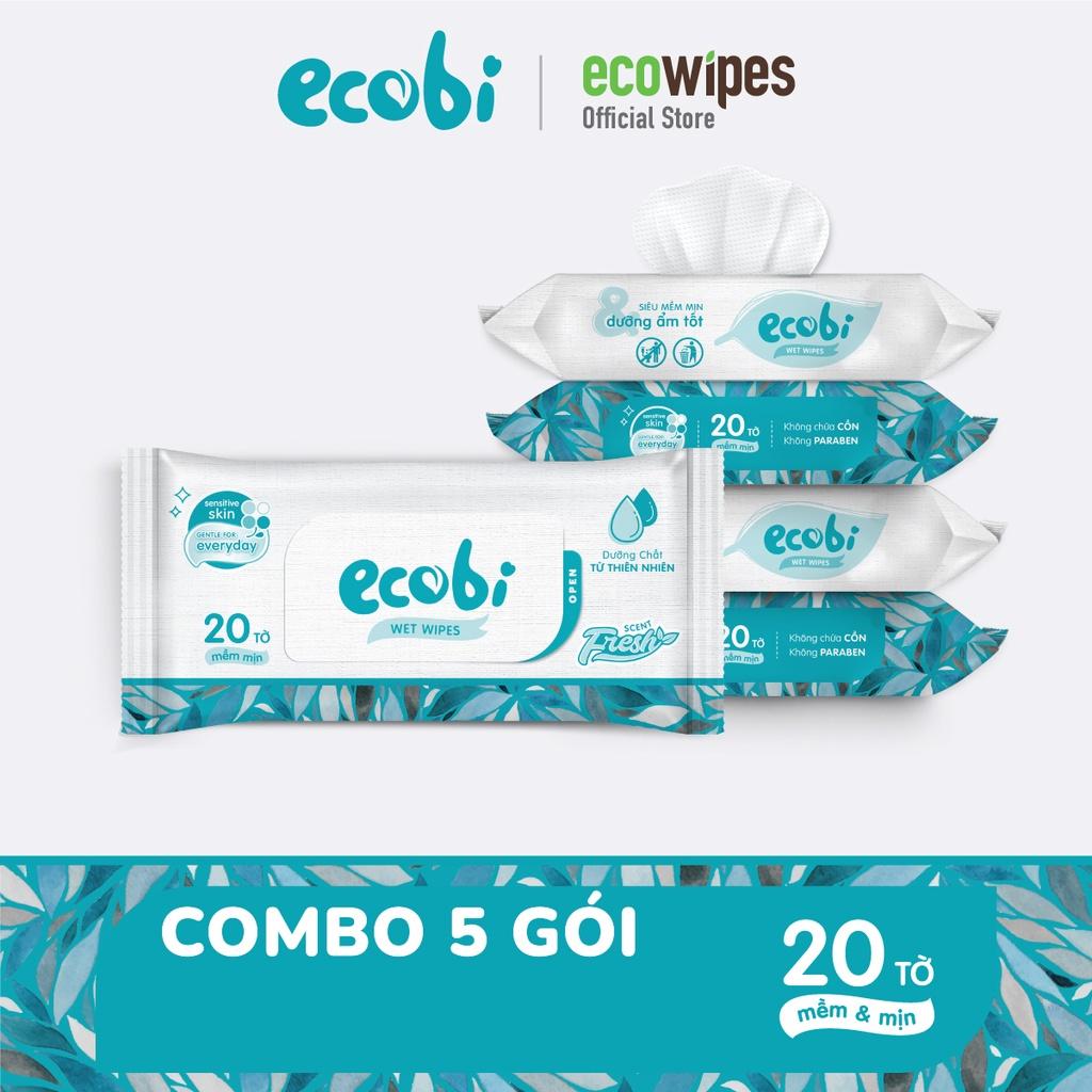 Combo 05 gói khăn ướt Ecobi gói 20 tờ không mùi không cồn không paraben an toàn cho da của bé