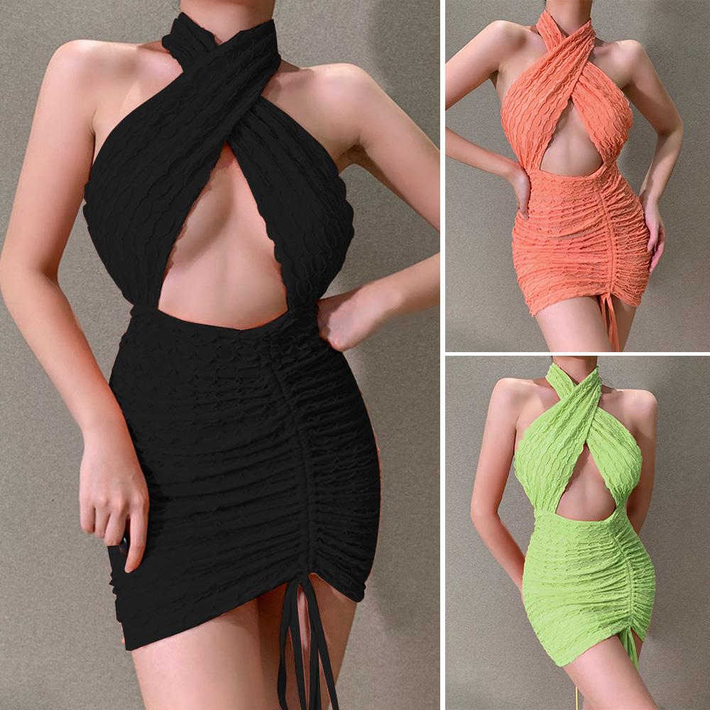 Women Backless Mini Dress Party Club Open Back Halter Sleeveless Hollow Out Bodycon Dress