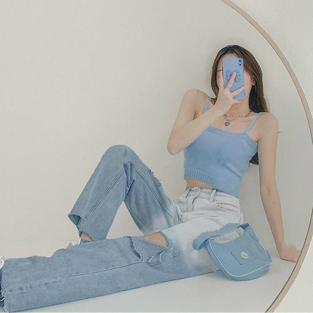 Quần Jean nữ ống rộng Ulzzang lưng cao phong cách Retro Jean loang màu, rách gối