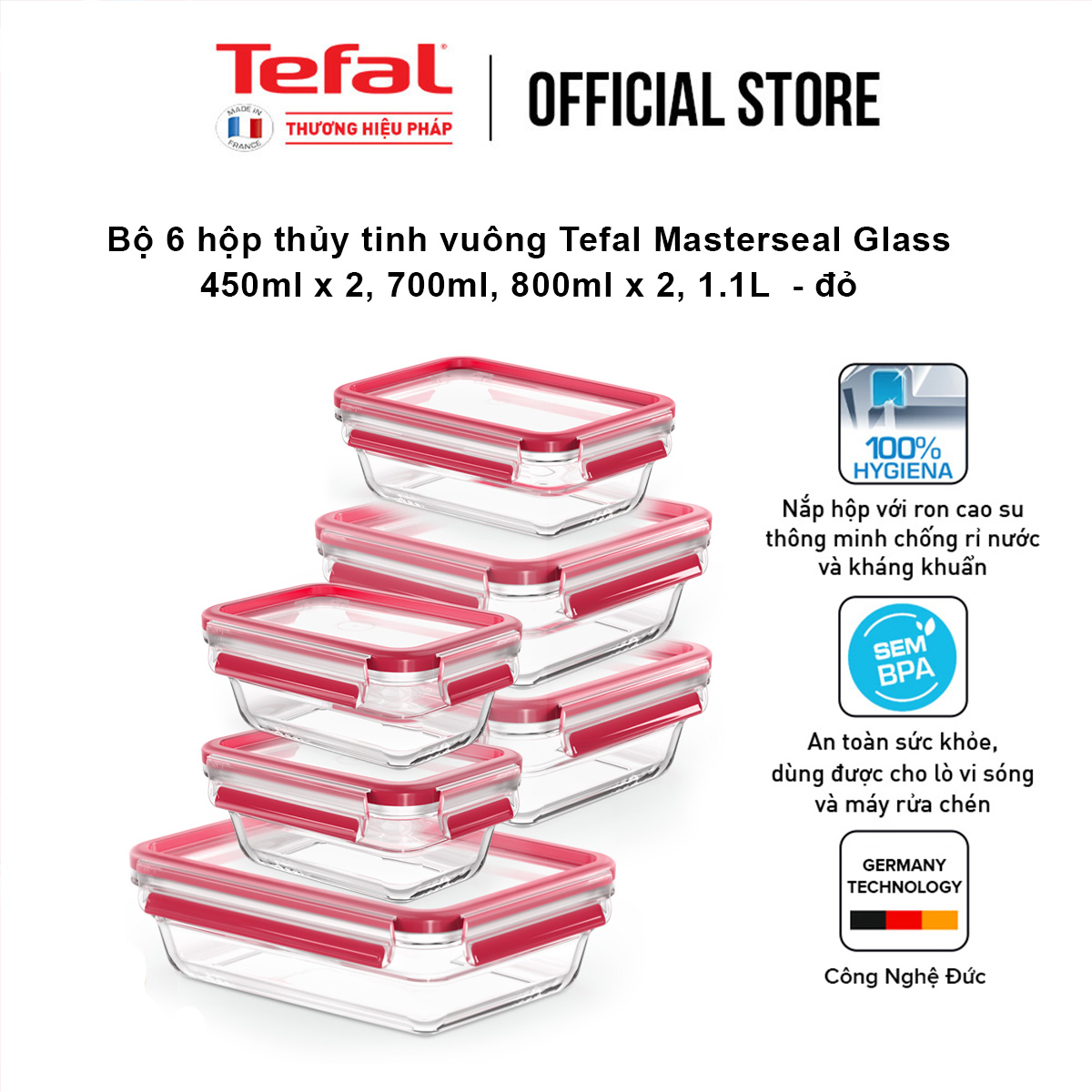 Bộ 5 hộp thủy tinh vuông Tefal Masterseal Glass 450ml x 2, 700ml, 800ml, 1.1L - đỏ