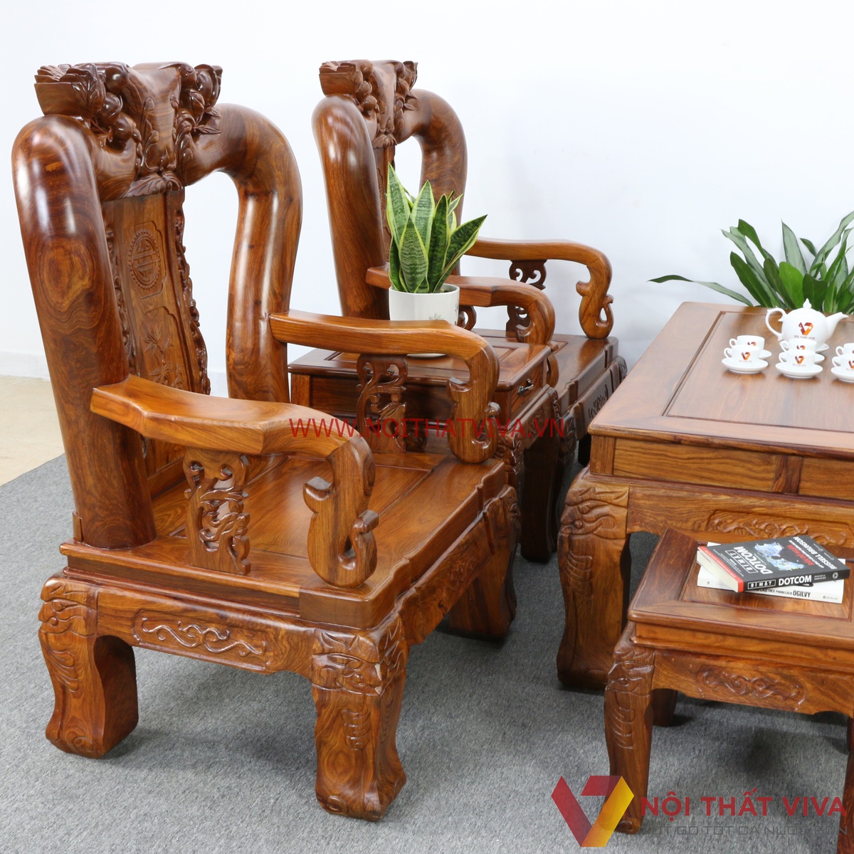 Bộ Bàn Ghế Salon Gỗ Hương Vân Tay 14 Chạm Đào 6 Món Cao Cấp