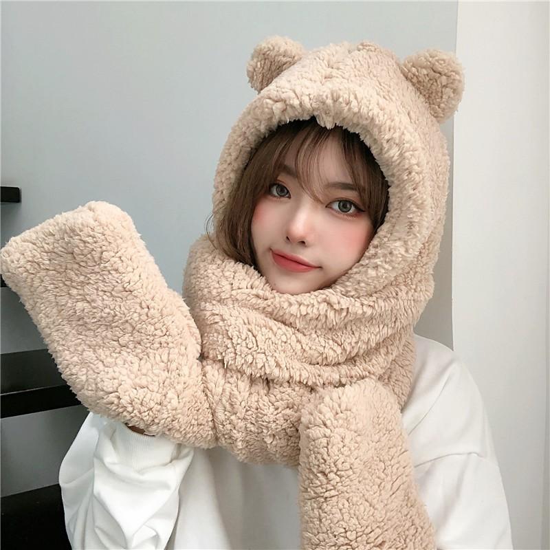 Mũ len lông cừu kèm khăn quàng cổ và găng tay ấm áp siêu chống rét chống lạnh mùa đông; K11 - BONMIE