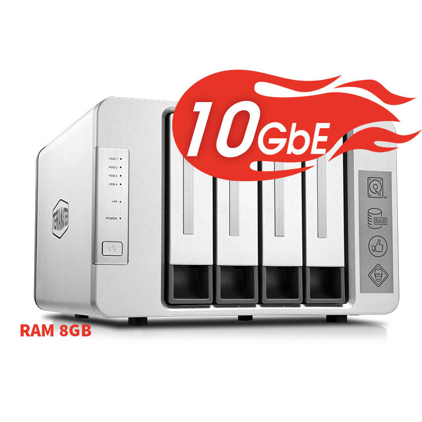 Bộ lưu trữ mạng NAS TerraMaster F4-422, LAN 10Gbps, Intel Quad-Core 1.5GHz, 8GB RAM, 670MB/s, 4 khay ổ cứng RAID 0,1,5,6,10, JBOD,Single - Hàng chính hãng