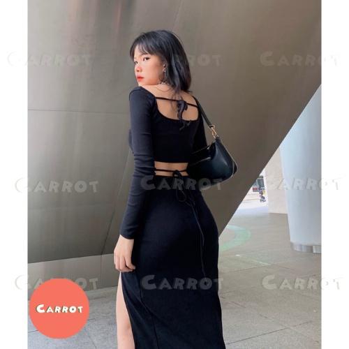 Aó croptop tay dài đen chân váy dài basic ôm eo cột dây tôn dáng chất thun dày dặn trendy thời trang nữ carrotxinhdep