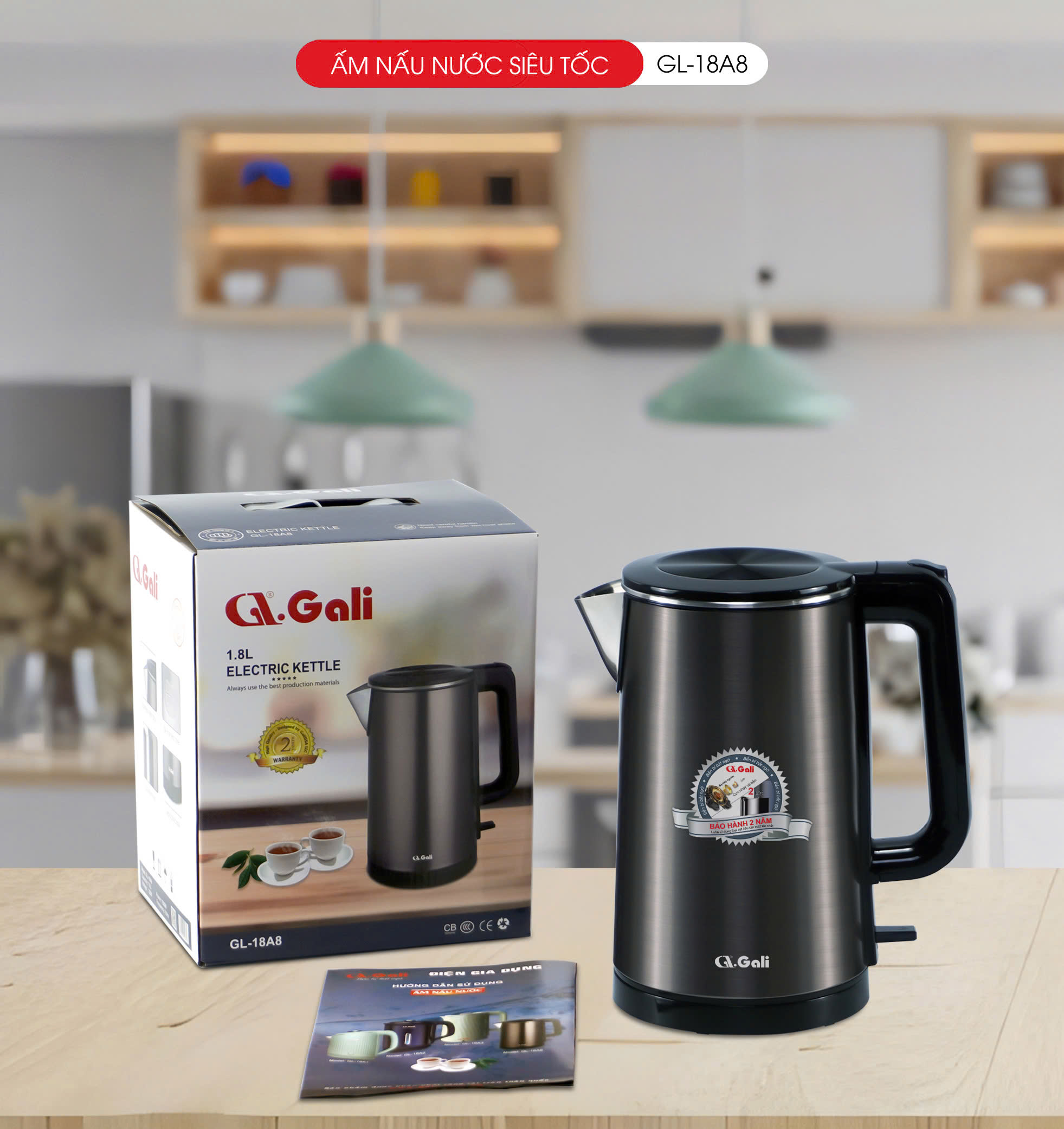 Ấm Siêu Tốc Gali GL-18A8 Thân Ấm Nguyên Khối Inox 304. Thiết kế 2 lớp Chống Nóng. hàng chính hãng, bảo hành 24 tháng