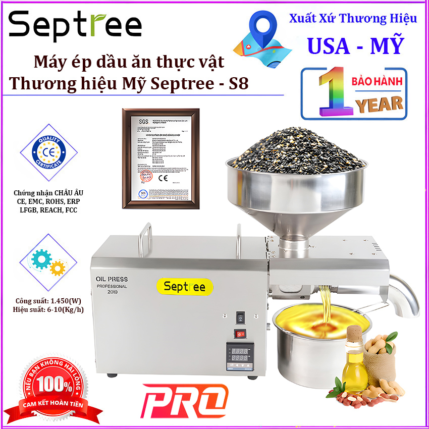 Máy ép dầu ăn thực vật chuyên nghiệp dùng trong gia đình, hộ kinh doanh, nhà hàng, khách sạn. Thương hiệu Mỹ cao cấp Septree - S8. HÀNG CHÍNH HÃNG