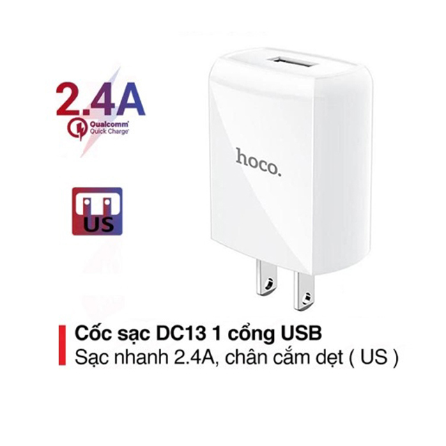 Củ sạc 2.4A Hoco DC13 chuôi dẹt vật liệu PC chống cháy 1 cổng Usb dành cho mọi thiết bị - Hàng chính hãng