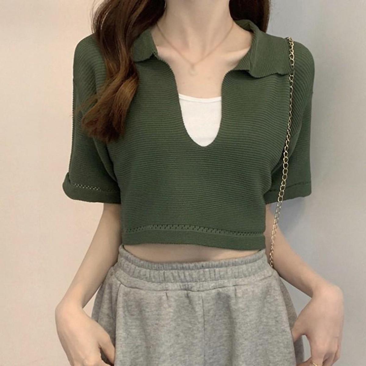 Áo Croptop Dệt Kim Tay Ngắn Thiết Kế Cổ Chữ V Quyến Rũ Xinh Xắn Cho Nữ