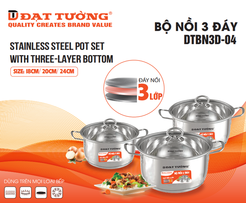 Bộ Nồi 3 Đáy Đạt Tường DTBN3D-04 - Hàng Chính Hãng